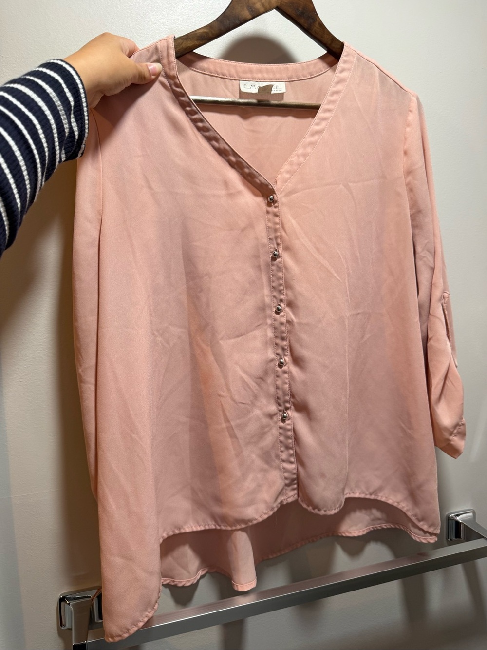 Emaline Light Blush Button-Down V-Neck Blouse